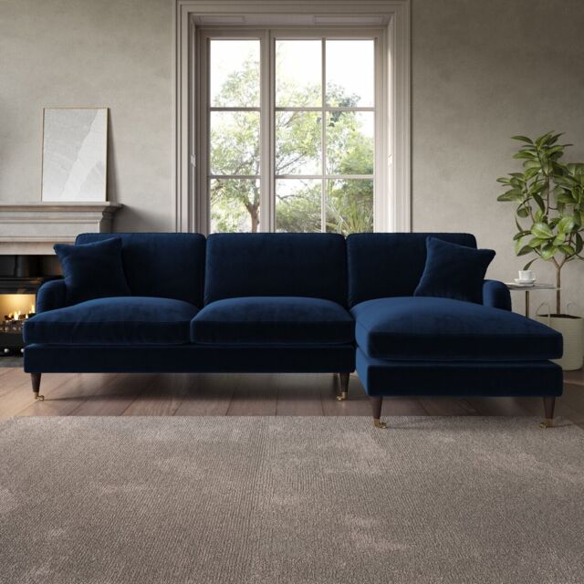 Navy Velvet L Shaped Sofa 3 Seater Right Hand Facing Saddle Arms by ...