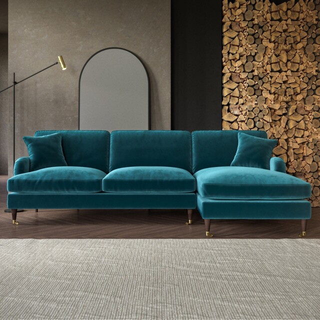 Teal Velvet L Shaped Sofa 3 Seater Right Hand Facing Saddle Arms by ...