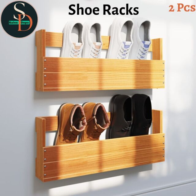 2 Pcs Wall Mounted Shoe Racks Shoes Shelves Storage Stand Solid Wood by ...