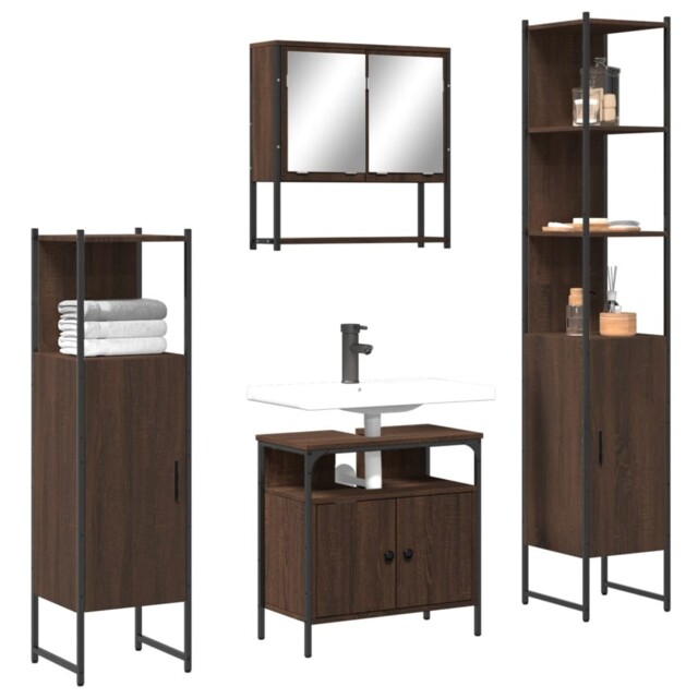 Brown Oak Bathroom Furniture Set, Engineered Wood & Steel, 4 Pieces by