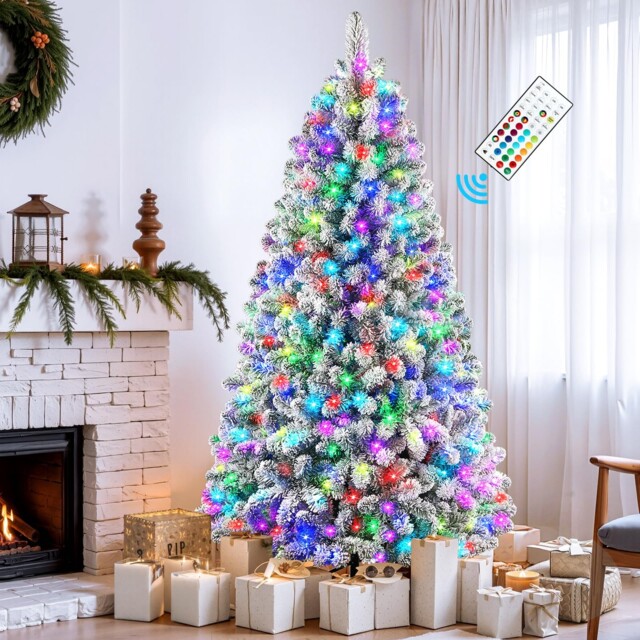 6ft Pre Lit Snow Flocked Spruce Artificial Christmas Tree With Remote ...