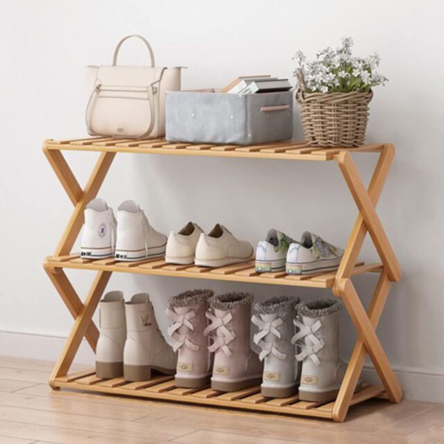 Glsety 3 Tier Bamboo Shoe Rack - Portable Folding Shoe Storage Rack by ...