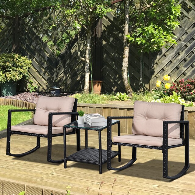 Costway 3 PCS Rocking Bistro Set With Removable Cushions & Tempered Glass Top Coffee Table Brown