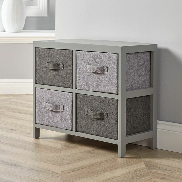 Grey Wooden Storage Unit Drawers Fabric Basket Chest Organiser Bedroom ...