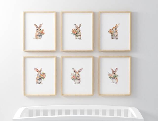 Set Of 6 Bunny Art Prints For Nursery, Rabbit Pictures Babies Bedroom ...