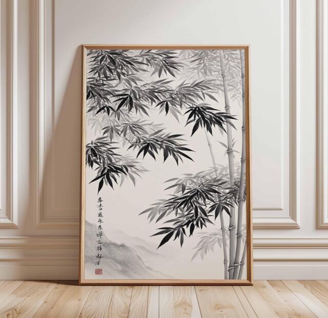 Japanese Bamboo Ink Wall Art, Minimalist Black & White Zen Poster ...