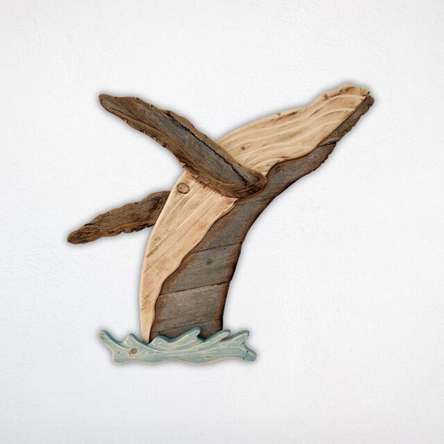 Image showcasing Handcrafted Wooden Breaching Whale Sculpture - Reclaimed Wood Ocean ...