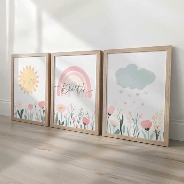 Rainbow Personalised Nursery Wall Prints, Pastel Wildflower, Set Of 3 ...
