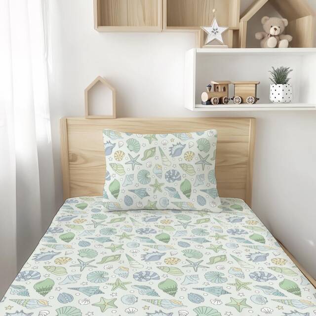 Green, Blue & Yellow Seashell Bedding, Ocean Children's Room Decor