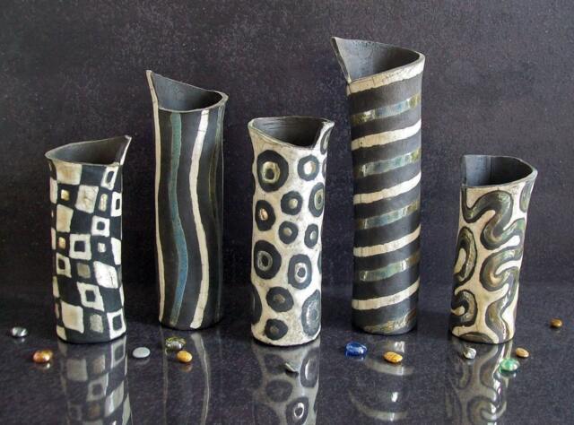 Dancing Corals - Raku Ceramic Cylinder Vase Set, Black White & Gold ...