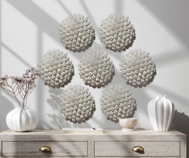 Japandi White Ceramic Flower Textured Clay Wall Art Round Sea Urchin ...