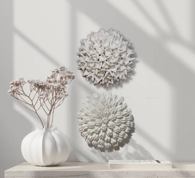 Set Of 2 Flower Ceramic Clay Coral Sculpture Plaster Wall Art White 3D ...