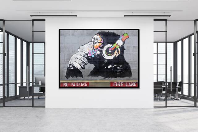 Banksy DJ Monkey White Brick Framed Print – Street Art Poster, Multiple Sizes (A4-A1)