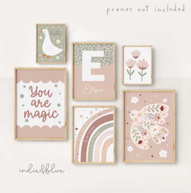 Set Of 6 Girls Dusty Pink & Sage Green Gallery Wall Prints, Poster ...
