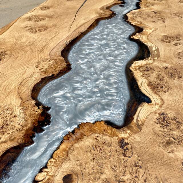 Beautiful River Dining Table in Burred Oak - Resin Live Edge Sold by ...