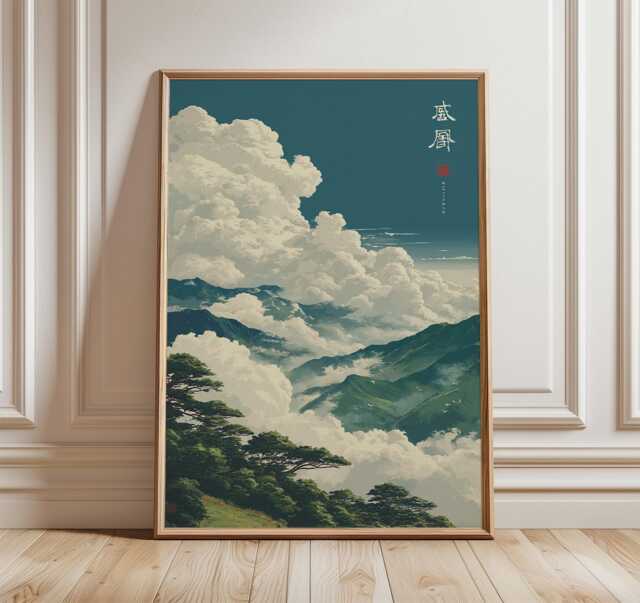 Mountain Landscape Poster, Japanese Style Art Print, Green & Blue Wall ...