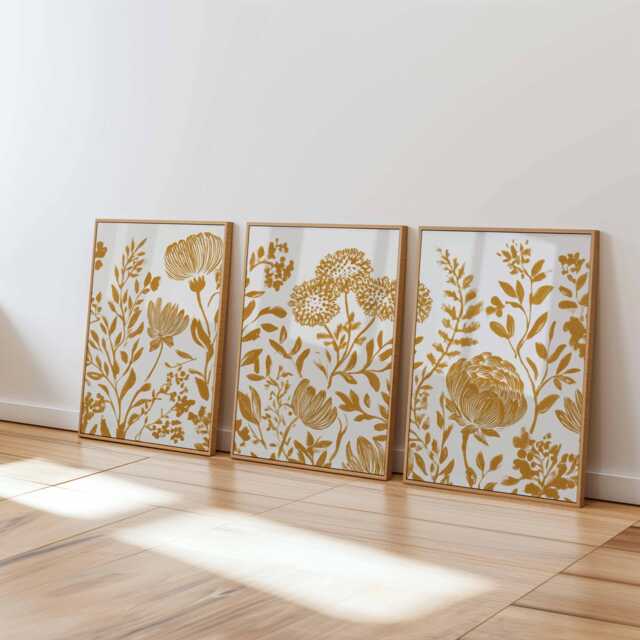 Mustard Floral Wall Art Set Of 3, Minimal Botanical Prints, Modern Line ...
