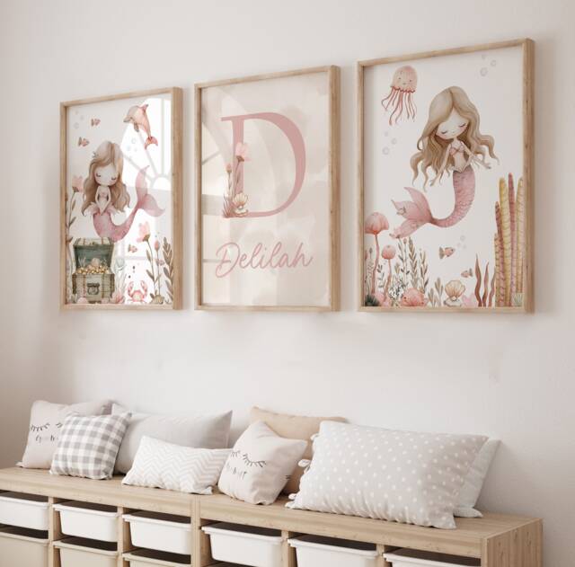 Mermaid Prints, Girls Bedroom Decor, Pink, Floral Nursery, Kids Bedroom ...