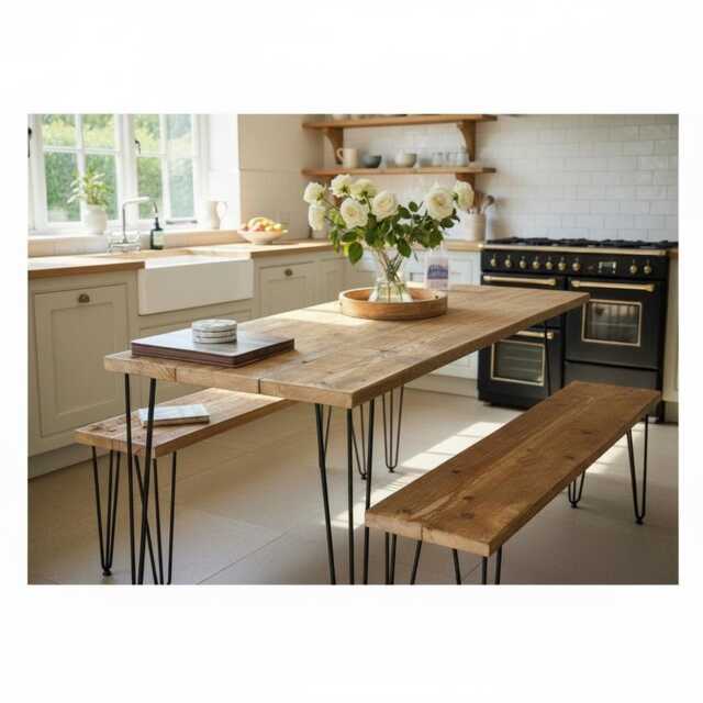 Handmade Reclaimed Wood Dining Table & Bench Set, Rustic Industrial ...