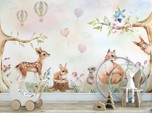 Forest Mural Wallpaper, Kids Nursery Woodland Decor, Room Decoration ...