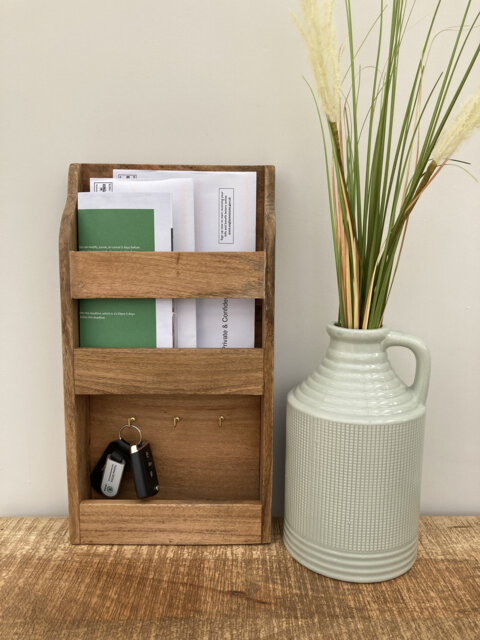 Solid Mango Wood Letter Rack & Key Hook Storage. Ideal For Wall ...