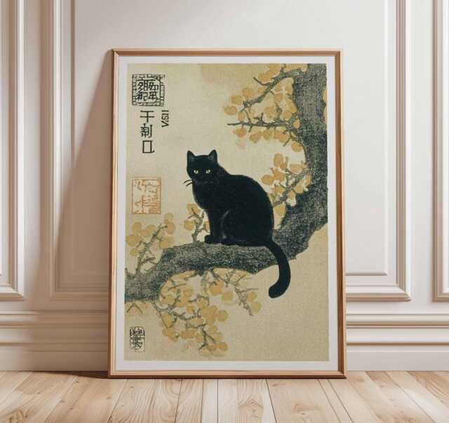 Japanese Black Cat Wall Art Print, Vintage Ukiyo-E Style Animal Poster ...