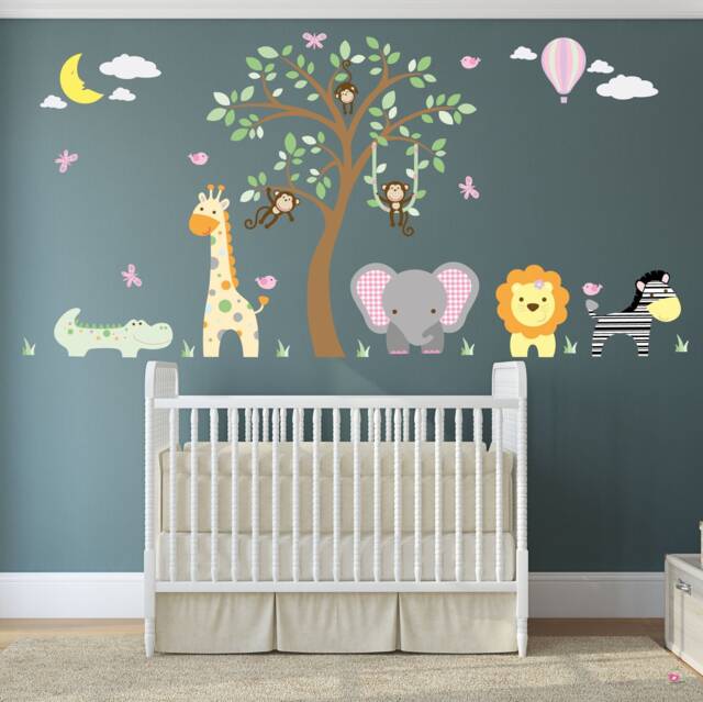 Jungle Animal Nursery Wall Stickers, Safari Tree Mural, Pastel Decor by ...