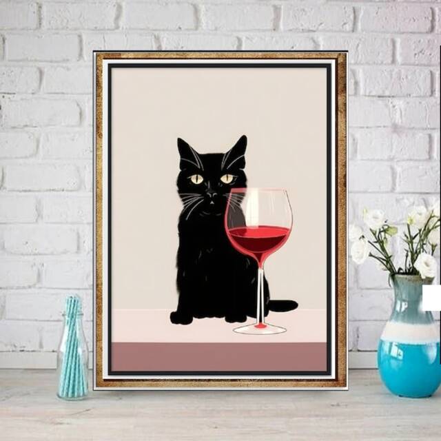 Cat With Glass Of Wine Poster , Black Cat Wall Art - Print -Black ...