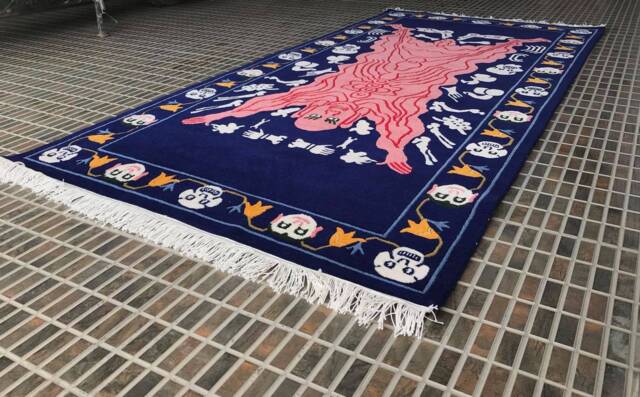 Tibetan Flayed Skin Man Rug 3x6' Navy Wool Carpet, Handmade Nepal by ...