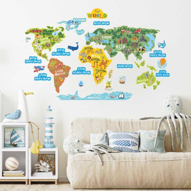 World Map Kids Wall Decal, Continents & Animals Vinyl Sticker by Etsy ...