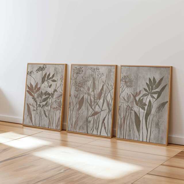 Neutral Botanical Wall Art Set Of 3, Beige & Taupe Wildflower Prints ...