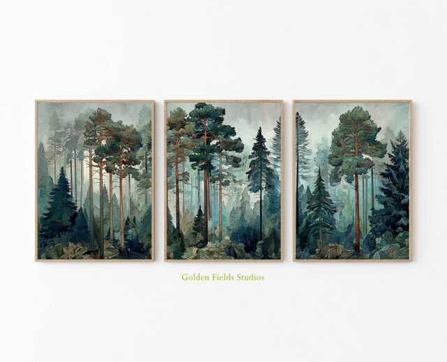 Forest Wall Art Set Of 3 Green Pine Tree Landscape Prints by Etsy ...