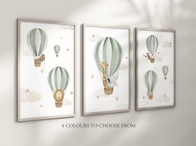 Baby Nursery Air Balloon Animal Prints - A4 Or A3 Size Unframed Boy ...