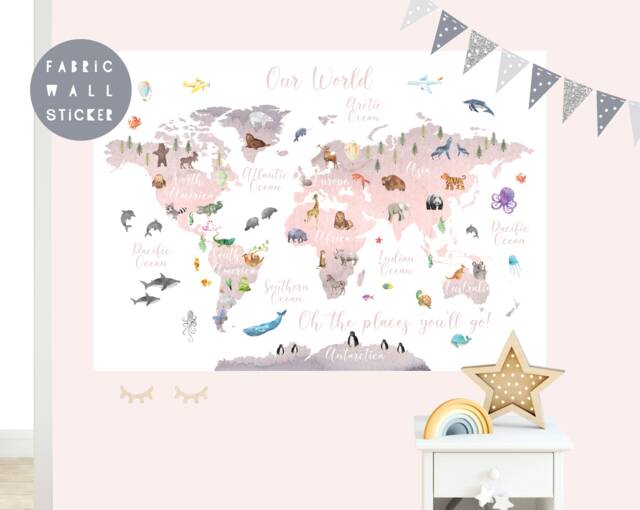 Animal World Map Fabric Wall Sticker Nursery Art by Etsy | ufurnish.com