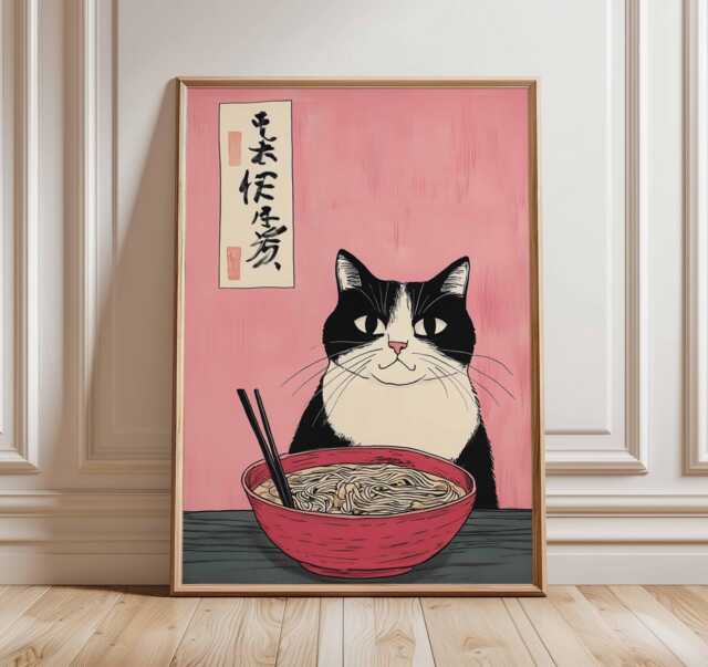 Japanese Cat Poster Ramen Bowl Wall Art Cute Black & White Print Asian ...