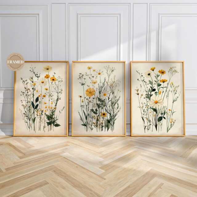 Cottagecore Botanical Triptych Wall Art Set Of 3 Oak Framed Wildflower ...