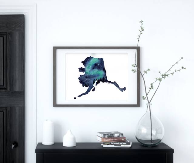 Alaska Northern Lights Watercolor Print - Ak State Outline Galaxy ...