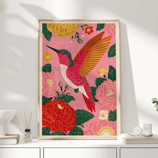 Folk Hummingbird Print - Mexican Wall Art Bright Floral Bird Poster ...
