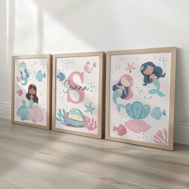 Mermaid Personalised Nursery Wall Prints, Set Of 3 Custom Initial ...