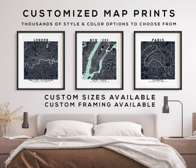 Personalized City Map Prints Set - Custom Home Town Wall Decor 6 Piece ...