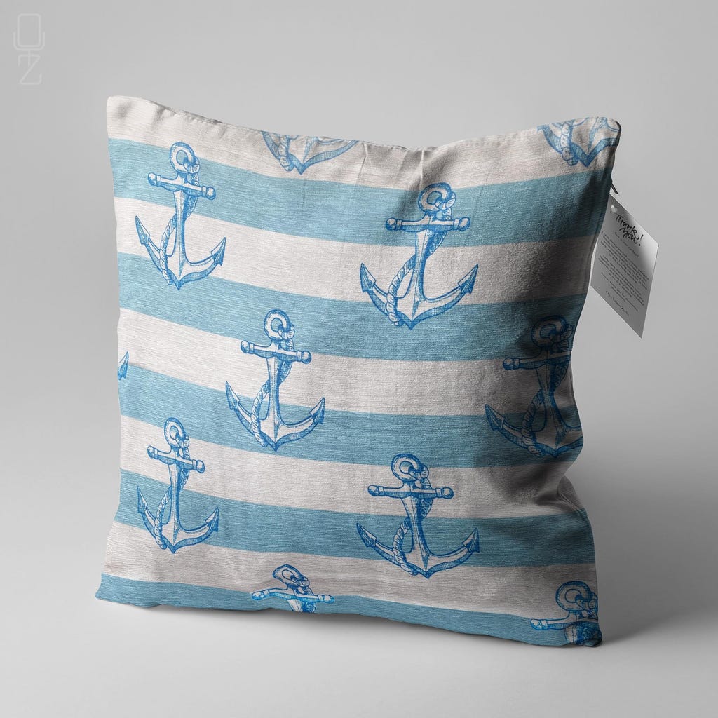 Blue Striped Anchor Cushion Cover - Marine Theme Chenille Pillow