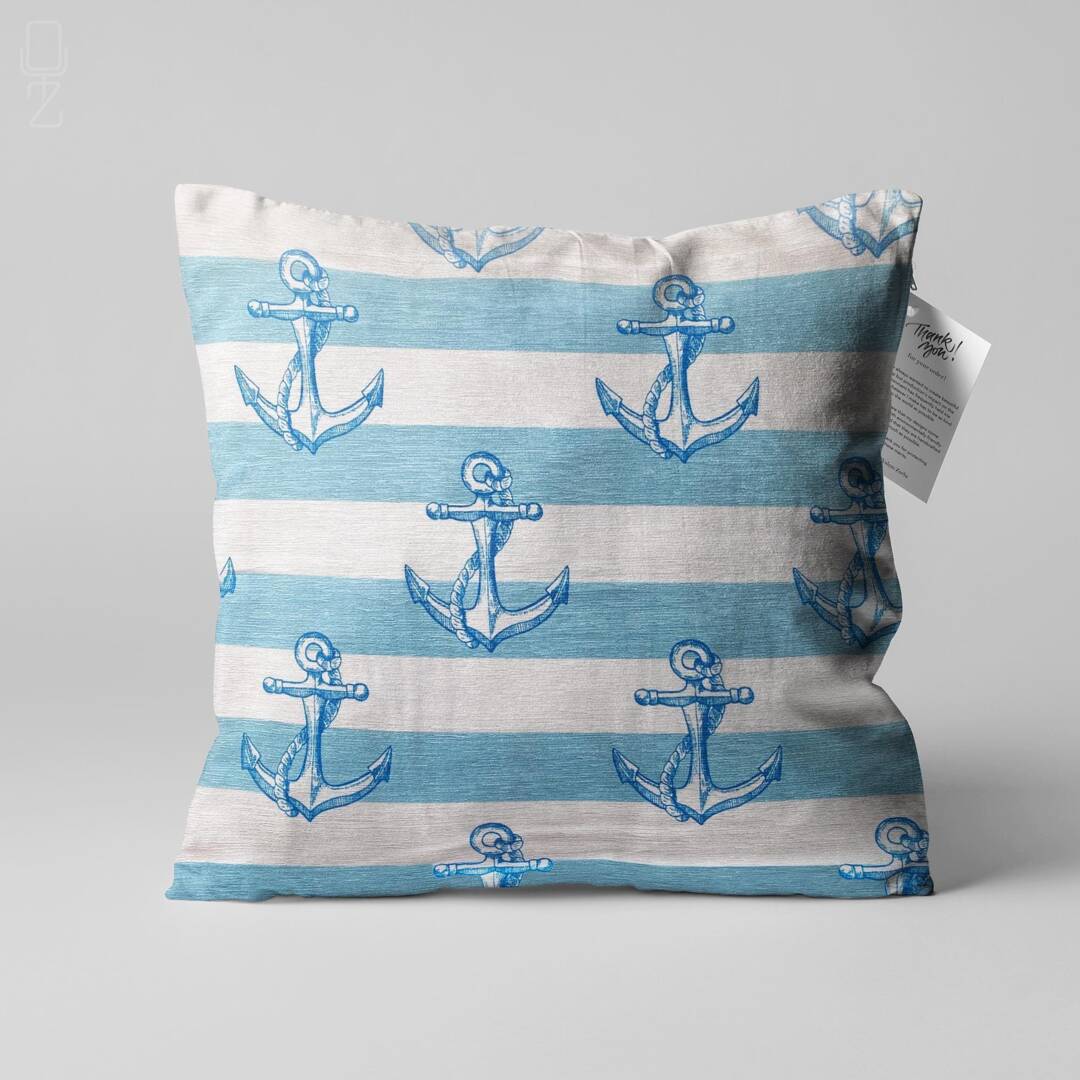 Blue Striped Anchor Cushion Cover - Marine Theme Chenille Pillow