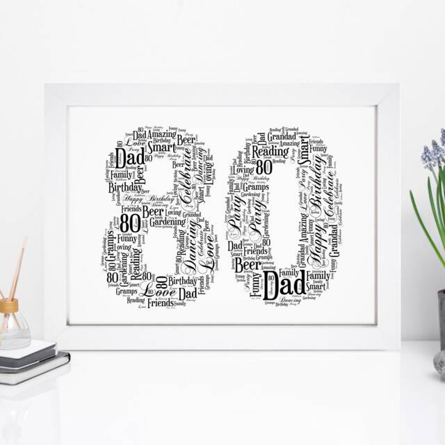 Personalised 80Th Word Art Print - Birthday Gift Keepsake Frame For Him ...