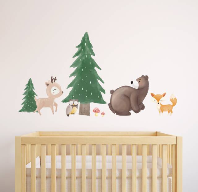 Woodland Animals Friends Pine Tree Wall Decals Stickers - Forest Bear ...