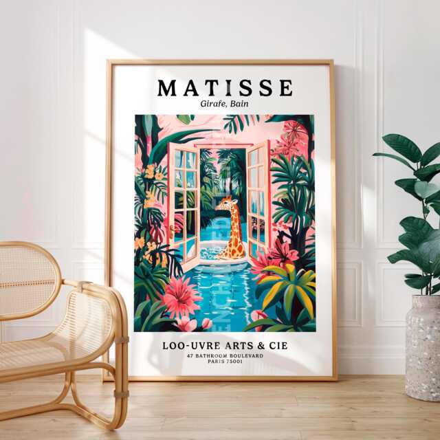 Giraffe in Bath Tub Poster, Matisse Print, Funny Bathroom Wall Art ...