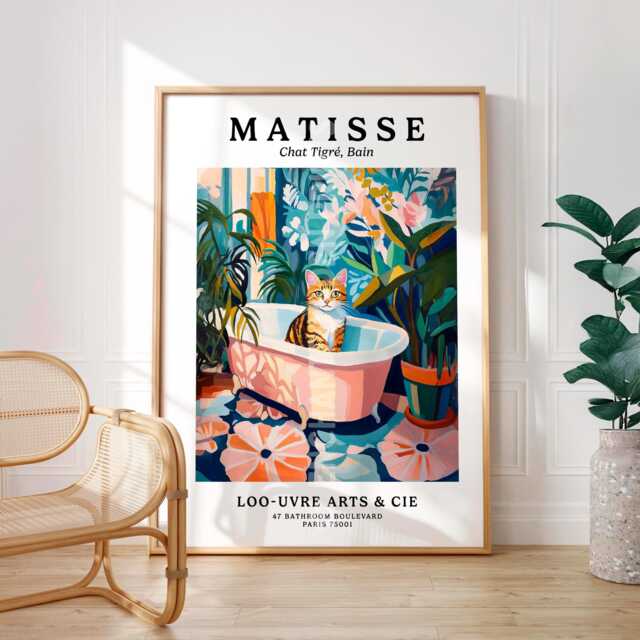Tabby Cat in Bath Tub Poster, Matisse Print, Funny Bathroom Wall Art ...