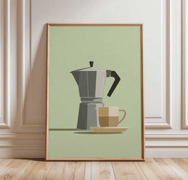 View of Moka Pot Coffee Poster Print, Minimalist Kitchen Wall Art, Modern ...