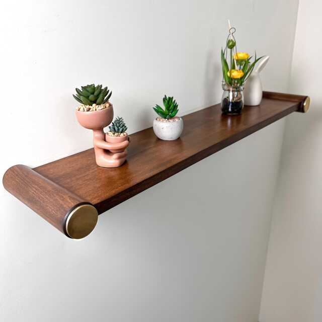 Modern Floating Wall Shelf With Brass Accents, Custom Size Solid Wood ...