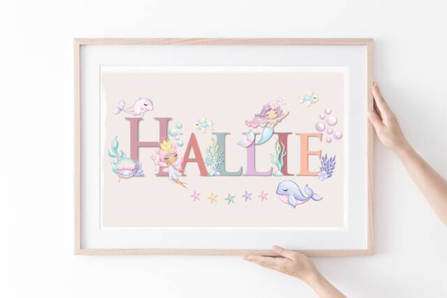 Girls Bedroom Name Art Mermaid Theme, Personalised Wall Decor, Under ...