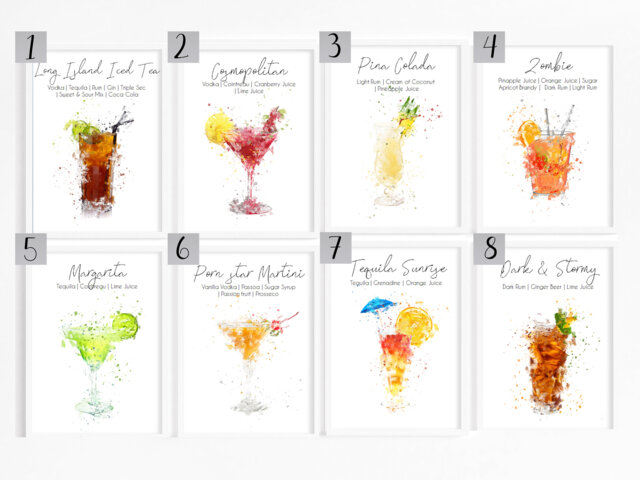 printable kitchen prints wall art, set of 6, hand... Watercolour Cocktail Recipe Print, Summer Bar Cart Art, Mixology Wall ...